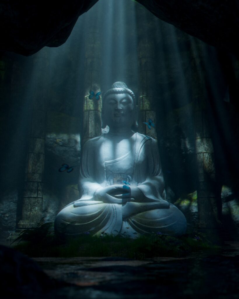 A serene buddha statue bathed in mystical light.